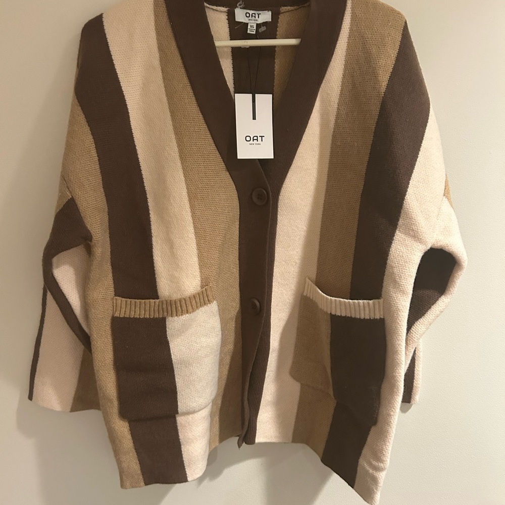 Oat New York Tan and Cream Striped Cardigan